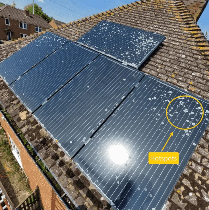Shadows caused by bird droppings on solar panels