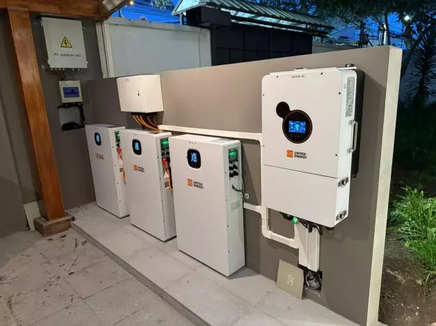 UE inverters and lithium batteries installed on the wall of a courtyard in Ecuador