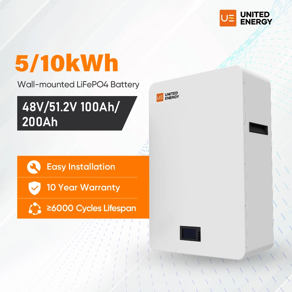 Wall-mounted lithium battery (4.8kWh–10.24kWh) for residential solar storage.