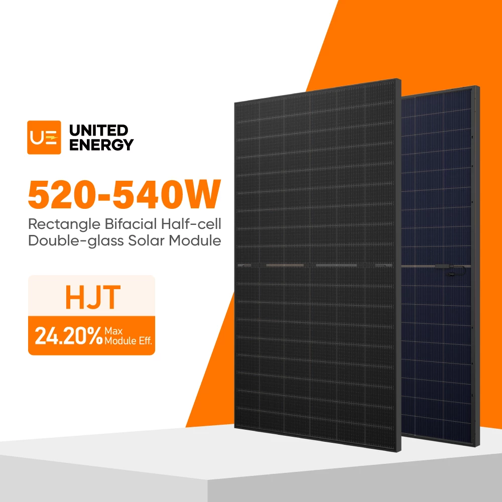 540W bifacial solar panel with HJT technology and dual-glass durability. 24.20% efficiency, black-frame design