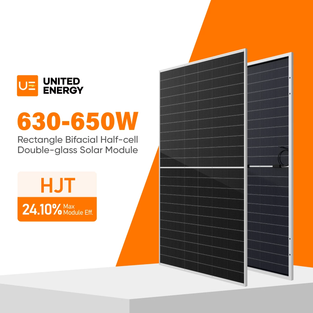 UE650H-66HBD is a 650W rectangle HJT bifacial solar module with 24.10% efficiency, dual-glass durability, and up to 90% bifaciality