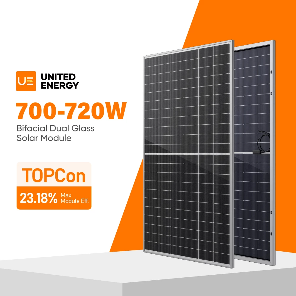 720 Watt Solar Panel N-type TOPCon panel, UE720 T-66HBD, dual-glass bifacial module, utility-scale solar panel, tracker-ready solar module, 23.18% efficiency, large format PV, solar farm solution