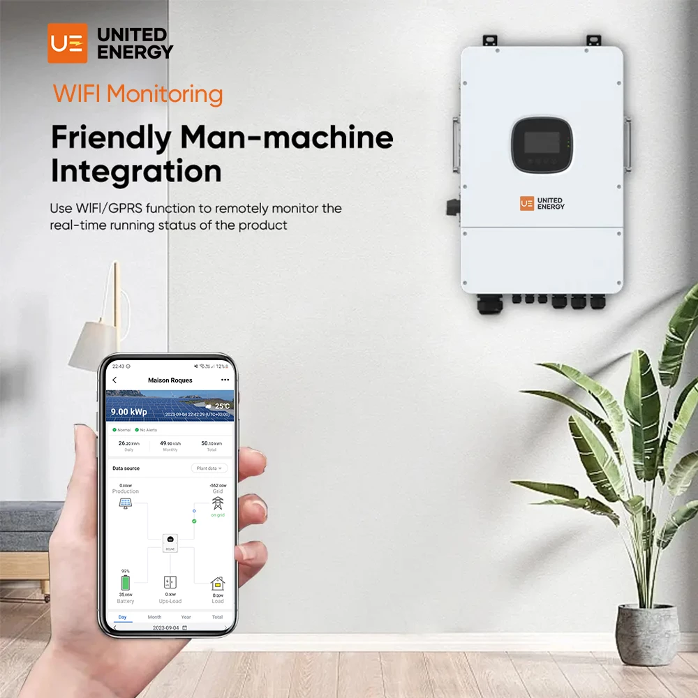 A hand holding a mobile phone shows that the inverter includes a WiFi module and can be controlled by mobile phone