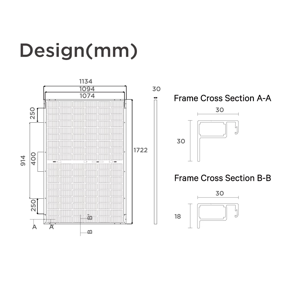 Design dimensions of 450 watt solar panel
