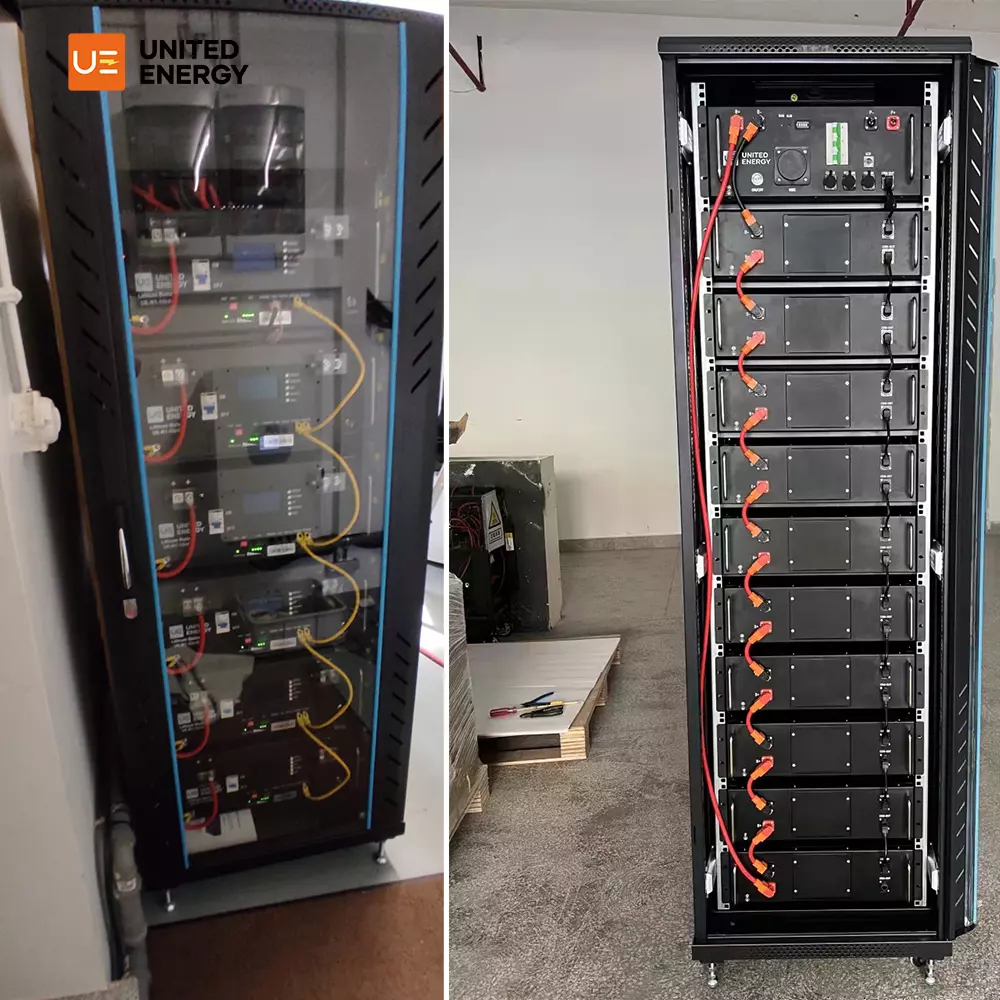 High-voltage rack-mounted lithium batteries are deployed on indoor cement floors