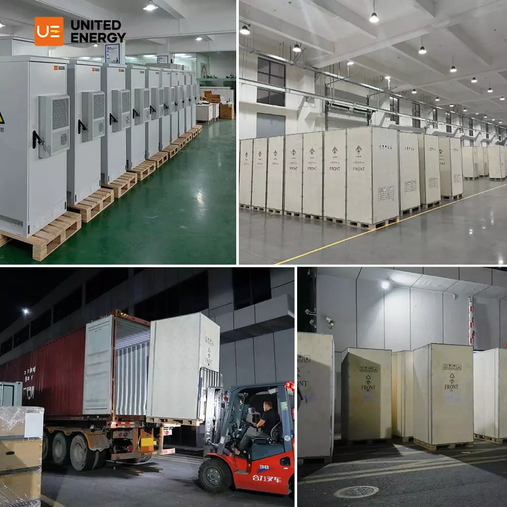 Los armarios exteriores de almacenamiento de energía terminados se apilan en el almacén listos para su embalaje y exportación.
